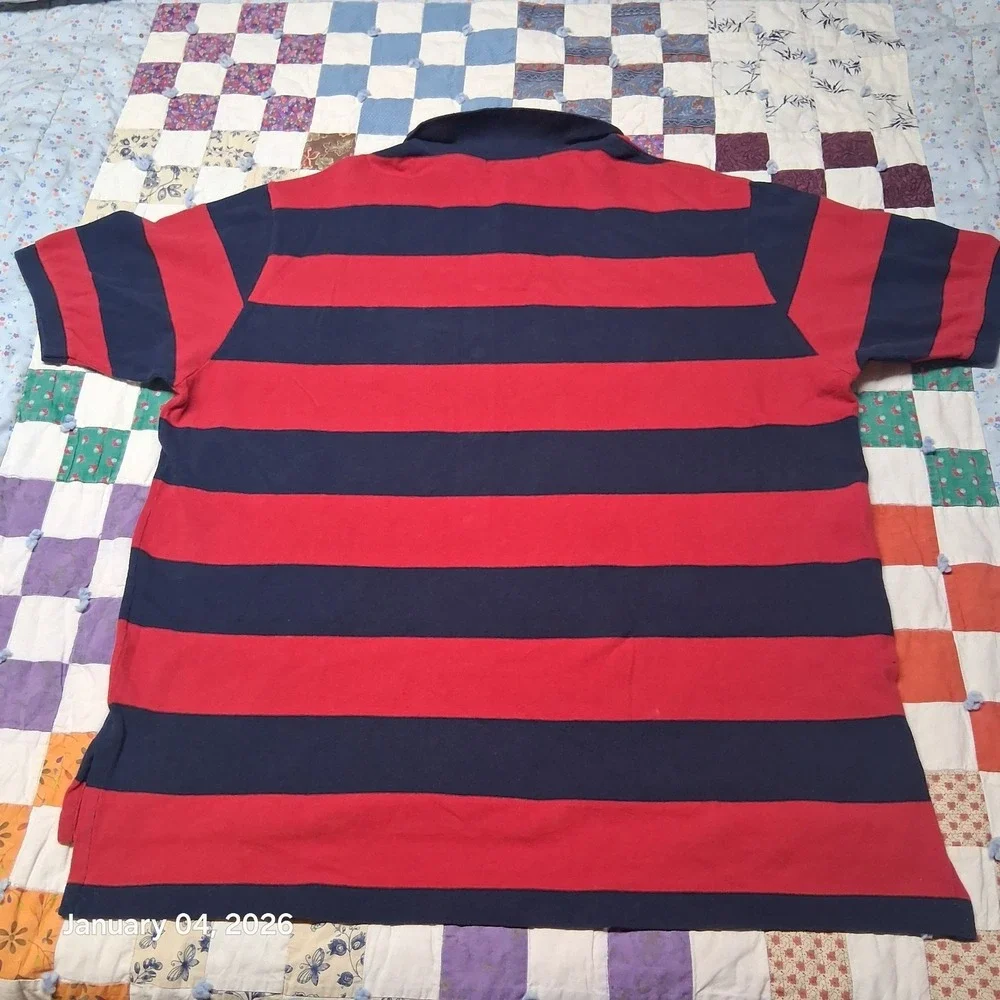 VTG Polo by‎ Ralph Lauren Shirt Size 2XL Red Blue Striped Cuffed Sleeve Pony